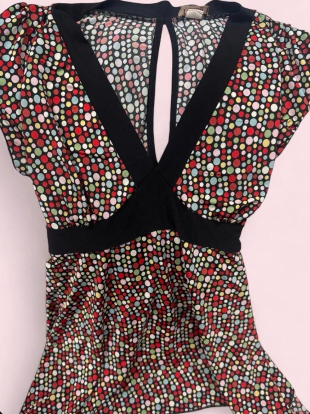 Y2k Polka Dot Cap Sleeve V-Neck Top - Black Trim, Red & Mint Dots